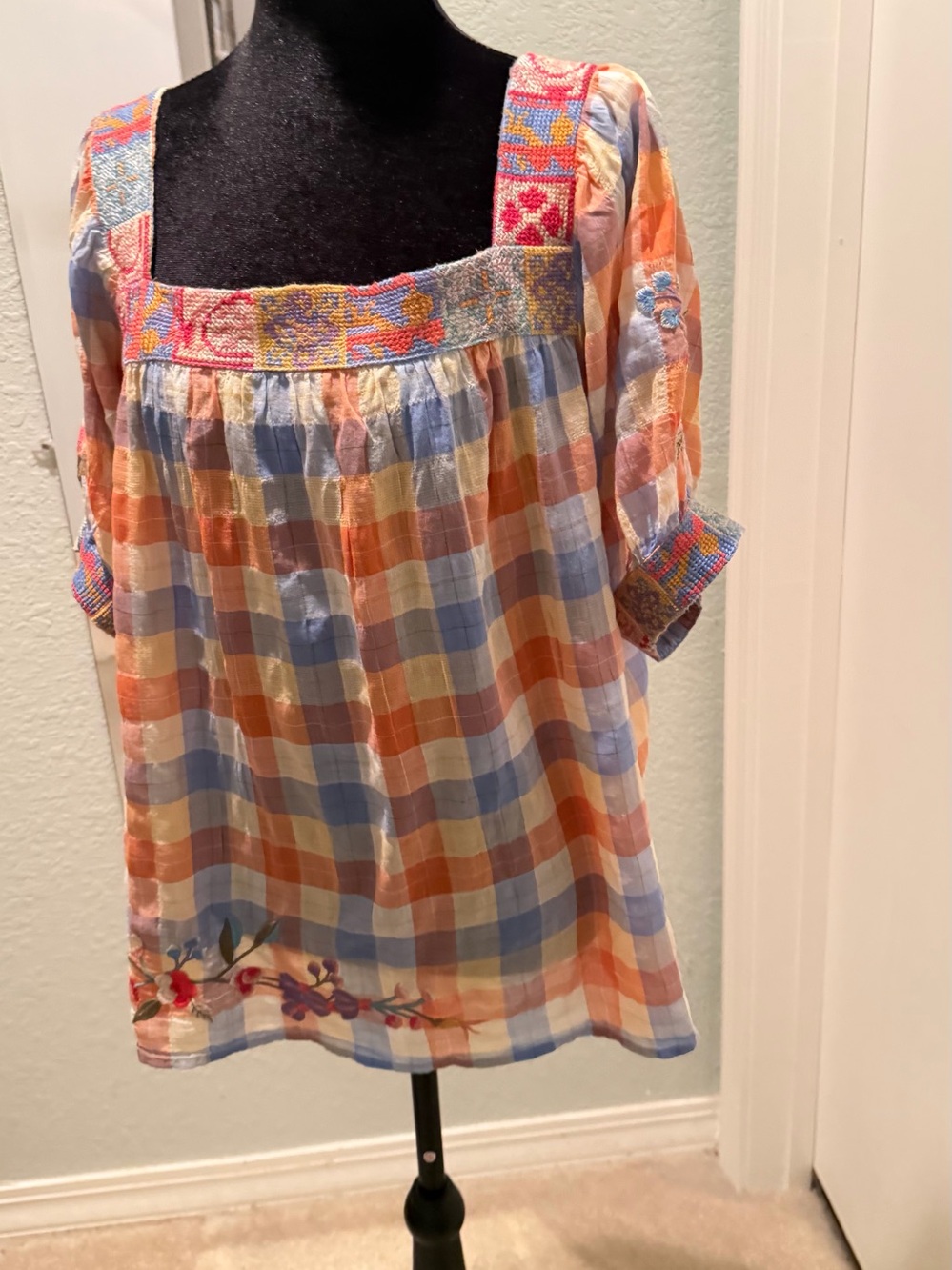 Johnny Was Orange Blue Plaid Embroidered Peasant Top